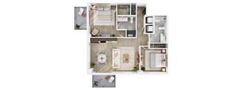 A top-down view of a modern apartment layout with a kitchen, living room, and bathroom.