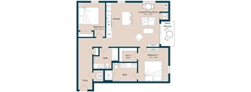 A floor plan of a two bedroom apartment with a living room, kitchen, and bathrooms.