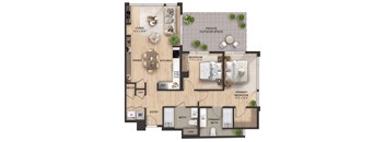 A floor plan of a house showing a living room, dining room, kitchen, two bedrooms, a bathroom, and a laundry area.