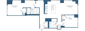 A blueprint of a house layout with two bedrooms, a living room, and a kitchen.