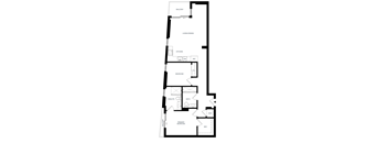 A floor plan of a house with a balcony, kitchen, dining area, bathroom, and two bedrooms.