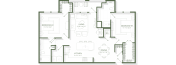 A floor plan of a house with two bedrooms, a living room, a kitchen, a dining room, and a laundry area.