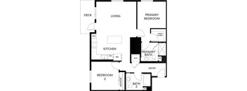 A black and white floor plan of a house with a deck, living room, kitchen, two bedrooms, and a primary bath.