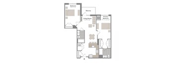 A floor plan of a home with a living room, two bedrooms, a balcony, and a workshop.