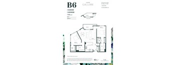 A floor plan for a two bedroom, two bathroom apartment at the Alexan Gallerie.