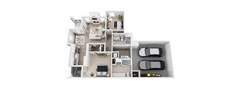 A top-down view of a house layout with a living room, kitchen, dining area, and two bedrooms.