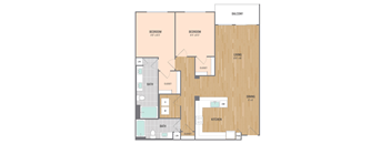 A floor plan of an apartment with two bedrooms, a living room, a dining room, a kitchen, two bathrooms, and a balcony.
