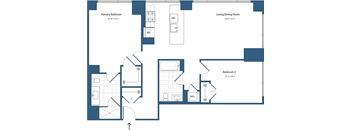 A floor plan of a home with a primary bedroom, a living/dining room, and two bedrooms.