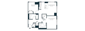 A floor plan of a house with a living room, two bedrooms, and a bathroom.