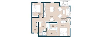 A floor plan of a house with two bedrooms, a living room, a dining room, a kitchen, a bathroom, and a patio/balcony.