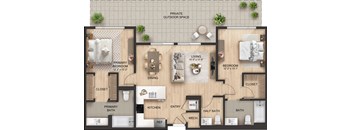 A floor plan of a house with a primary bedroom, dining area, kitchen, and bathrooms.