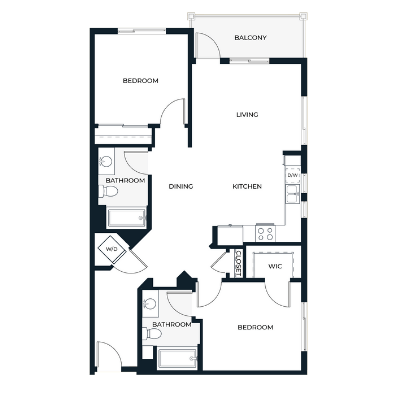 A floor plan of an apartment with a balcony, two bedrooms, a living room, a dining room, a kitchen, a bathroom, and a WC.
