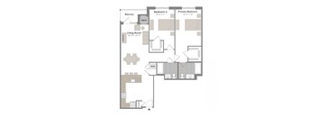 A floor plan of a house with a living room, two bedrooms, a balcony, and a mech.