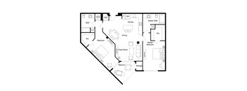 A floor plan of a house with a master bedroom and a great room.