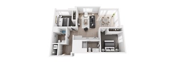 A top-down view of a small, neatly organized apartment.