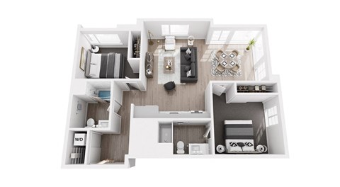 A top-down view of a small, neatly organized apartment.