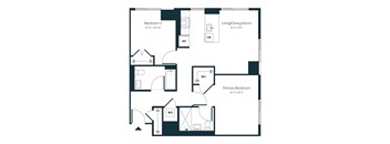 A floor plan of a house with three bedrooms and a living/dining room.