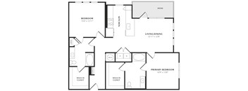 A black and white image of a house floor plan with a kitchen, living room, dining room, and two bedrooms.