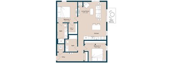 A floor plan of a home with two bedrooms, a living room, a kitchen, and a bathroom.