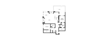 A black and white floor plan of a house with a living room, dining room, kitchen, two bedrooms, a bathroom, and a workshop.
