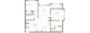 A floor plan of a living space with two bedrooms, a kitchen, a dining area, and a living room.