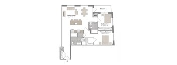 A floor plan of a home with a living room, two bedrooms, a balcony, and a mech.