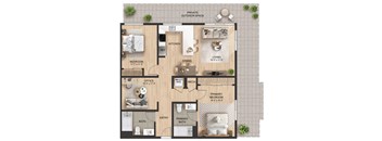 A floor plan of a small apartment with a living area, kitchen, dining area, and bedrooms.