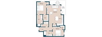 A floor plan of a two bedroom apartment with a living room, kitchen, bathrooms, and closets.