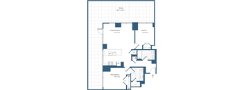 A blueprint of a house layout with a living/dining room, two bedrooms, a primary bedroom, a bathroom, and a kitchen.