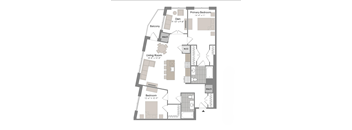 A floor plan of a home with a living room, two bedrooms, a bathroom, and a den.