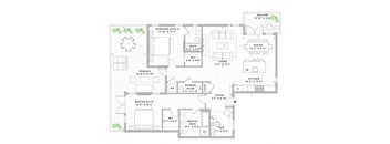 A floor plan of a house with a master suite, two bedrooms, a dining room, a living room, a powder room, a kitchen, and a foyer.
