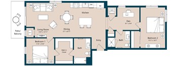 A floor plan of a house with two bedrooms, a living room, a dining room, a kitchen, a den, and a bathroom.