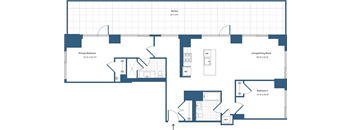 A floor plan of a house with a living room, dining room, kitchen, and two bedrooms.
