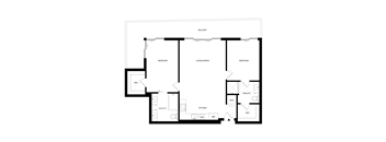 A black and white floor plan of an apartment with two bedrooms, a living room, a kitchen, and an en suite bathroom.