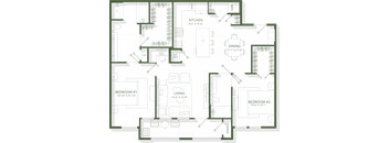 A floor plan of a house with a kitchen, dining area, and two bedrooms.