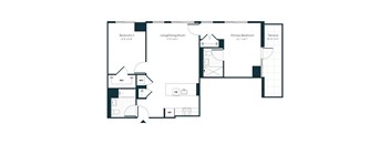 A floor plan of a house with a living/dining room, two bedrooms, a terrace, and a bathroom.