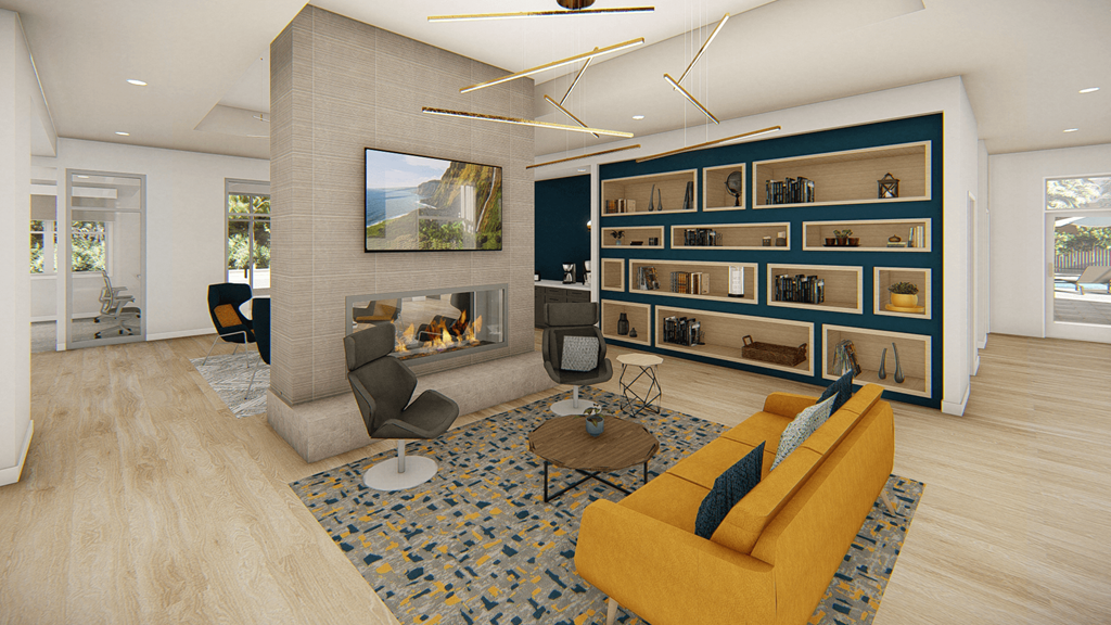 A modern living room with a yellow sofa and a fireplace.