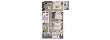 A top-down view of a well-organized apartment with a living room, kitchen, and bedrooms.