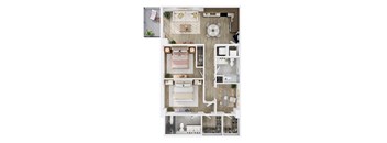A top-down view of a small apartment with a bedroom, living room, kitchen, and bathroom.