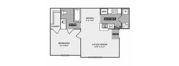 A floor plan of a small apartment with a bedroom, living room, kitchen, and bathroom.