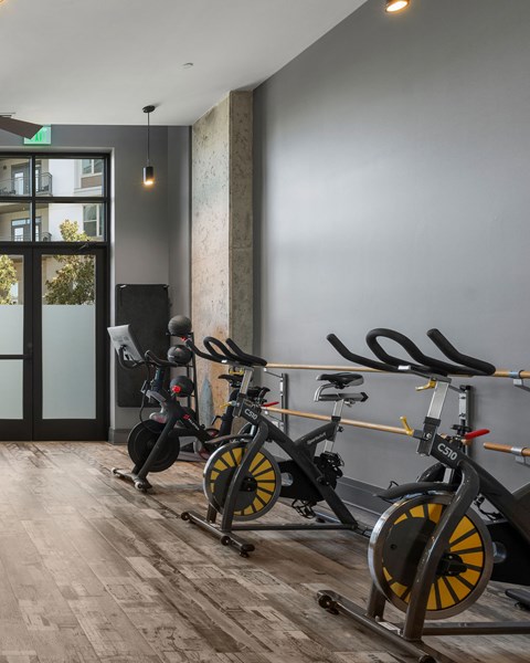 Three stationary bikes are lined up in a row in a room.