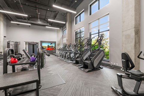 A gym with treadmills, elliptical machines, and other exercise equipment.
