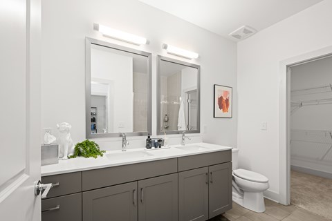 A bathroom with a white toilet and a large mirror above the sink.