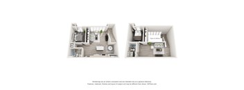 A 3D floor plan of a small apartment with two bedrooms and a living area.