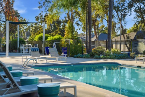 A pool surrounded by trees and chairs.