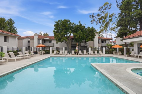 A large swimming pool surrounded by lounge chairs and trees.