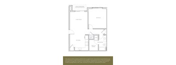 A floor plan of an apartment with a living room, kitchen, bathroom, bedroom and walk-in closet.