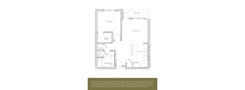 A floor plan of an apartment with a living room, bedroom, kitchen, bathroom, and laundry area.