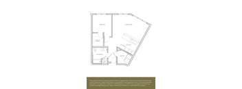 A floor plan of an apartment with a bedroom, living room, kitchen, bathroom, laundry, and walk-in closet.
