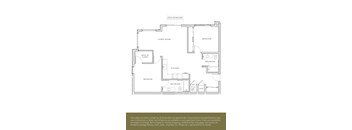 A floor plan of an apartment with a living room, two bedrooms, a kitchen, a bathroom, a laundry area, and a walk-in closet.